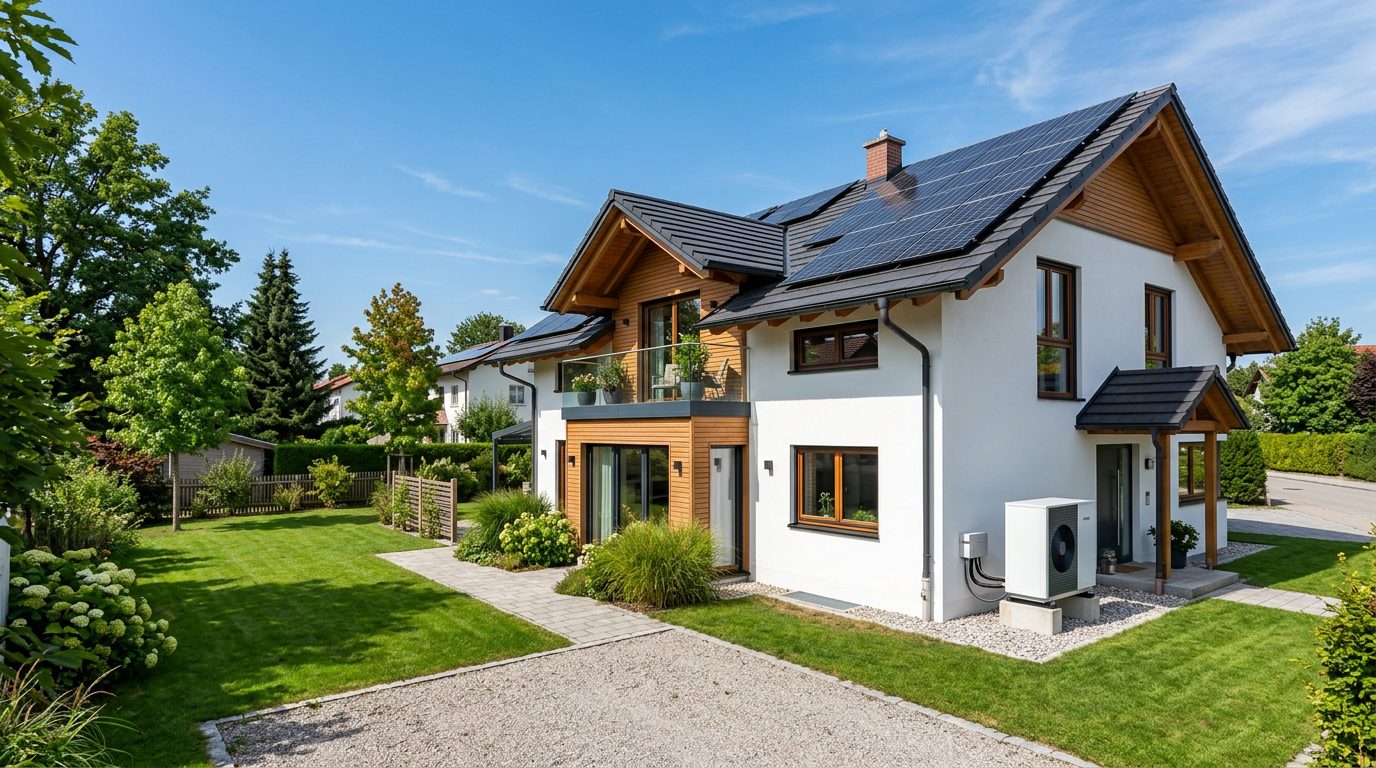 Einfamilienhaus mit Wärmepumpe im Garten und Photovoltaikanlage auf dem Dach